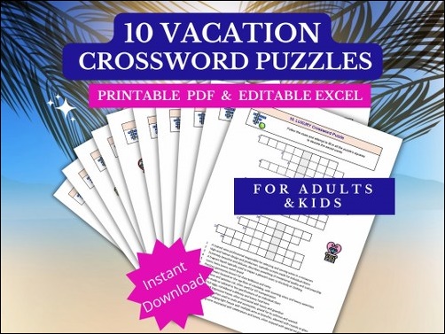 10 Vacation Crossword Puzzles - Printable PDF & Editable Excel - Crossword Lovers Gifts - Fun Things to do at the Beach - Beach Gift Ideas