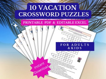 10 Vacation Crossword Puzzles - Printable PDF & Editable Excel - Crossword Lovers Gifts